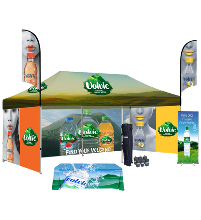 10x20 Canopy – 3 Walls, Table, 2 Flags & Roll-Up Banner