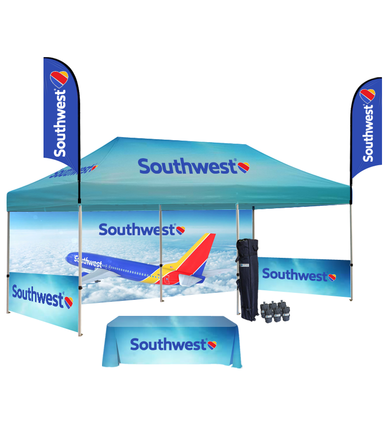 10x20 Canopy – Back, 2 Half Walls, Table & 2 Flags
