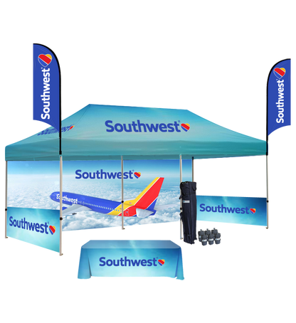 10x20 Canopy – Back, 2 Half Walls, Table & 2 Flags