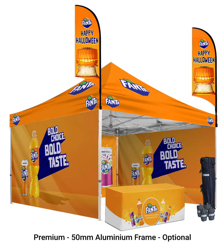 13x13 Canopy – 3 Walls, Table & 2 Flags
