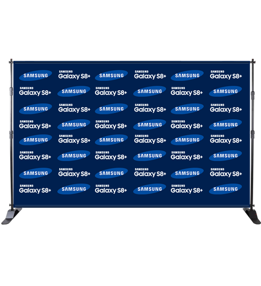 Samsung Galaxy S8+ promotional backdrop with brand logos