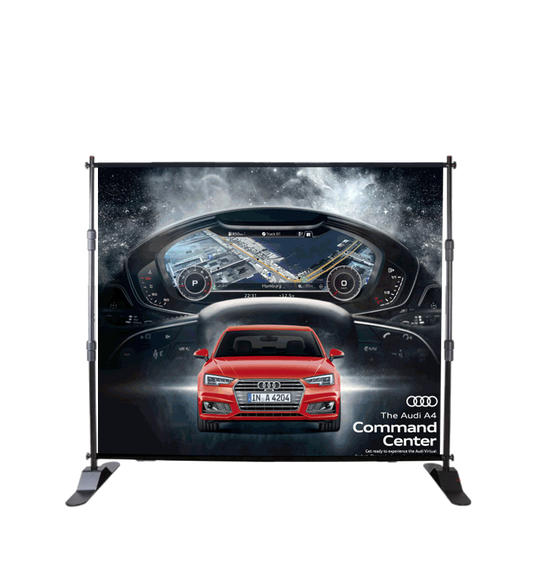 Promotional display for Audi A4 Command Center with car dashboard and front view