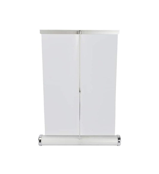 White roller banner stand on a white background
